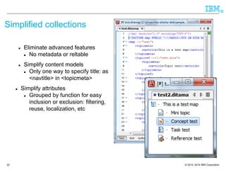 © 2010, 2014 IBM Corporation 
® 
22 
Simplified collections 
Eliminate advanced features 
No metadata or reltable 
Simplify content models 
Only one way to specify title: as <navtitle> in <topicmeta> 
Simplify attributes 
Grouped by function for easy inclusion or exclusion: filtering, reuse, localization, etc  
