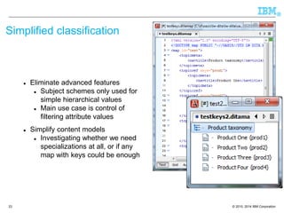 © 2010, 2014 IBM Corporation 
® 
23 
Simplified classification 
Eliminate advanced features 
Subject schemes only used for simple hierarchical values 
Main use case is control of filtering attribute values 
Simplify content models 
Investigating whether we need specializations at all, or if any map with keys could be enough  