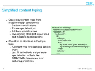 © 2010, 2014 IBM Corporation 
® 
24 
Simplified content typing 
Create new content types from reusable design components 
Section specializations 
Phrase specializations 
Attribute specializations 
Investigating block (list, object etc.) and metadata specializations 
Should be as simple as authoring a topic 
A content type for describing content types 
Just fill in the fields and generate specialization artifacts like DTDs/RNGs, transforms, even authoring prototypes 
<specdefid=”meeting”> 
<title>Meeting specialization</title> 
<specdefbody> 
<sectiondef> 
<dl> 
<dlentry> 
<dt>Goals</dt> 
<dd> 
<p><xrefhref=”goals.dita”/></p> 
<p>Fill the goals of the meeting</p> 
</dd> 
</dlentry> 
......  