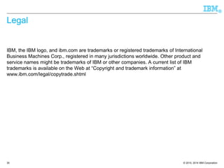 © 2010, 2014 IBM Corporation 
® 
Legal 
IBM, the IBM logo, and ibm.com are trademarks or registered trademarks of International Business Machines Corp., registered in many jurisdictions worldwide. Other product and service names might be trademarks of IBM or other companies. A current list of IBM trademarks is available on the Web at “Copyright and trademark information” at www.ibm.com/legal/copytrade.shtml 
30 
 