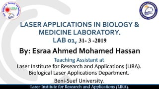LASER APPLICATIONS IN BIOLOGY &
MEDICINE LABORATORY.
LAB 01, 31- 3 -2019
By: Esraa Ahmed Mohamed Hassan
Teaching Assistant at
Laser Institute for Research and Applications (LIRA).
Biological Laser Applications Department.
Beni-Suef University.
Laser Institute for Research and Applications (LIRA).
 