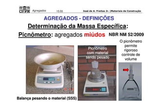 José de A. Freitas Jr. |Materiais Agregados 15:55 de Construção 
AGREGADOS - DEFINIÇÕES 
Determinação da Massa Específica: 
NBR NM 52/2009 
(Idércio - ITAMBÉ) 
Picnômetro: agregados miúdos 
(Idércio - ITAMBÉ) 
Balança pesando o material (SSS) 
Picnômetro 
com material 
sendo pesado 
O picnômetro 
permite 
rigoroso 
controle de 
volume 
 