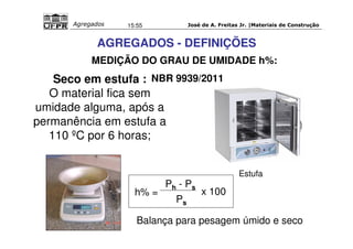 José de A. Freitas Jr. |Materiais Agregados 15:55 de Construção 
AGREGADOS - DEFINIÇÕES 
MEDIÇÃO DO GRAU DE UMIDADE h%: 
Seco em estufa : 
O material fica sem 
NBR 9939/2011 
umidade alguma, após a 
permanência em estufa a 
110 ºC por 6 horas; 
Estufa 
h% = 
Ph - Ps x 100 
Ps 
Balança para pesagem úmido e seco 
 