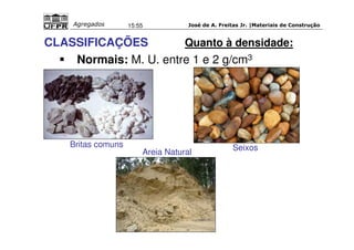 José de A. Freitas Jr. |Materiais Agregados 15:55 de Construção 
CLASSIFICAÇÕES Quanto à densidade: 
 Normais: M. U. entre 1 e 2 g/cm3 
Britas comuns Seixos Areia Natural 
 