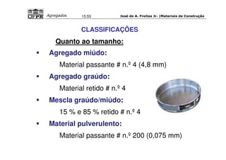José de A. Freitas Jr. |Materiais Agregados 15:55 de Construção 
CLASSIFICAÇÕES 
Quanto ao tamanho: 
 Agregado miúdo: 
Material passante # n.º 4 (4,8 mm) 
 Agregado graúdo: 
Material retido # n.º 4 
 Mescla graúdo/miúdo: 
15 % e 85 % retido # n.º 4 
 Material pulverulento: 
Material passante # n.º 200 (0,075 mm) 
 