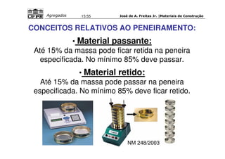 José de A. Freitas Jr. |Materiais Agregados 15:55 de Construção 
CONCEITOS RELATIVOS AO PENEIRAMENTO: 
• Material passante: 
Até 15% da massa pode ficar retida na peneira 
especificada. No mínimo 85% deve passar. 
• Material retido: 
Até 15% da massa pode passar na peneira 
especificada. No mínimo 85% deve ficar retido. 
NM 248/2003 
 