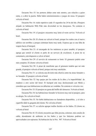 107
Encuesta Nro 15: los porteros deben estar más atentos, con relación a quien
entra, o a abrir la puerta. Debe haber entretenimientos o juegos de mesa. El pasajero
volvería al hotel.
Encuesta Nro 16: ruido repetitivo cada 15 segundos las 24 hs del día. (Pasajero
alojado en habitación 904) Pide más diversidad en los desayunos. No contesta si
volvería al hotel
Encuesta Nro 19: el pasajero encuentra muy lento al room service. Volvería al
hotel.
Encuesta Nro 20: El cliente no volverá al hotel, porque los ruidos con el nuevo
edificio son terribles y porque continúan hasta muy tarde. Expresa que es una falta de
respeto hacia el huésped.
Encuesta Nro 21: el encargado de los maleteros es poco amable; el pasajero
agrega que sonreír al cliente es parte de un servicio de excelencia. A pesar de su
comentario, está dispuesto a volver al hotel.
Encuesta Nro 29: el servicio de restaurante es lento. El gimnasio podría estar
más completo. El cliente volvería al hotel.
Encuesta Nro 30: A pesar de manifestar que el gimnasio tendría que ser más
grande, el pasajero volvería al hotel, porque está muy satisfecho.
Encuesta Nro 31: se solicita una división más efectiva entre las áreas fumador y
no fumador. El pasajero volvería al hotel
Encuesta Nro 32: hay quejas por los ruidos de la obra y la imposibilidad de
mudarse a otro sector del hotel. El huésped está muy desilusionado con Meliá y
considera que esas habitaciones no deberían ser vendidas. No contesta si volvería o no.
Encuesta Nro 33: El pasajero no gusta del buffet del almuerzo. Volvería al hotel.
Encuesta Nro 34: las habitaciones fumador le hicieron muy mal al pasajero, para
su alergia. No volvería al hotel.
Encuesta Nro 35: No había habitaciones no fumadores disponibles, y el olor a
cigarrillo dañó la garganta del cliente. No volvería al hotel.
Encuesta Nro 37: se solicita agregar toallas faciales en los baños. El cliente no
volvería al hotel
Encuesta Nro 41: El cliente encuentra que falta piscina, solarium, más canales de
cable, desodorante de ambiente en los baños y que los balcones podrían ser
aprovechados con reposeras. Su habitación fue la Nro. 907. Volvería al hotel
 