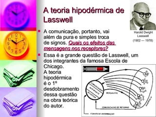 A teoria hipodérmica de Lasswell A comunicação, portanto, vai  além da pura e simples troca  de signos.  Quais os efeitos das  mensagens nos receptores?   Essa é a grande questão de Lasswell, um dos integrantes da famosa Escola de Chicago.  A teoria  hipodérmica  é o 1º desdobramento  dessa questão na obra teórica  do autor. Harold Dwight Lasswell  (1902 — 1978)   
