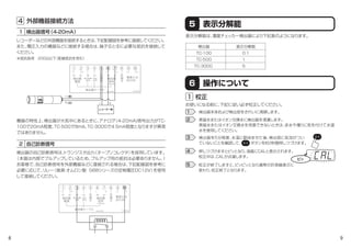 8 9
6 操作について
5 表示分解能
表示分解能は、濁度チェッカー検出器により下記表のようになります。
お使いになる前に、下記に従い必ず校正してください。
校正1
1
蒸留水またはイオン交換水に検出器を浸漬します。
蒸留水またはイオン交換水を用意できないときは、赤水や濁りに気を付けて水道
水を使用してください。
2
検出器を5分程度、水温に馴染ませた後、検出窓に気泡がつい
ていないことを確認して、   ボタンを約２秒間押しつづけます。
押しつづけますとピッとなり、液晶にCALと表示されます。
校正中は、CALが点滅します。
3
4
校正が終了しますと、ピッピッとなり通常の計測値表示に
変わり、校正終了となります。
5
検出器本体および検出窓をきれいに清掃します。
検出器
TC-100
TC-500
TC-3000
表示分解能
0.1
1 
5 
レコーダーなどの外部機器を接続するときは、下記配線図を参考に接続してください。
また、電圧入力の機器などに接続する場合は、端子⑤と⑥に必要な抵抗を接続して
ください。
※抵抗負荷 200Ω以下（配線抵抗を含む）
検出器信号（4-20mA）1
外部機器接続方法4
レコーダー等
（白）
（黒）
検出器の自己診断信号は、トランジスタ出力（オープンコレクタ）を採用しています。
（本器は内部でプルアップしているため、プルアップ用の抵抗は必要ありません。）
お客様で、自己診断信号を外部機器などに接続される場合は、下記配線図を参考に
必要に応じて、リレー（推奨：オムロン製 G6Bシリーズの定格電圧DC12V）を使用
して接続してください。
自己診断信号2
機器の特性上、検出器が大気中にあるときに、アナログ（4-20mA)信号出力がTC-
100で20mA程度、TC-500で8mA、TC-3000で4.5mA程度となりますが異常
ではありません。
ピッ
 