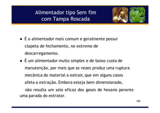 105
Alimentador tipo Sem fim
com Tampa Roscada
É o alimentador mais comum e geralmente possui
clapeta de fechamento, no extremo de
descarregamento.
É um alimentador muito simples e de baixo custo de
manutenção, por mais que as vezes produz uma ruptura
mecânica do material a extrair, que em alguns casos
afeta a extração. Embora esteja bem dimensionado,
não resulta um selo eficaz dos gases de hexano perante
uma parada do extrator.
 
