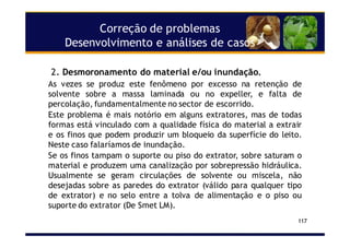 Correção de problemas
Desenvolvimento e análises de casos
117
2. Desmoronamento do material e/ou inundação.
As vezes se produz este fenômeno por excesso na retenção de
solvente sobre a massa laminada ou no expeller, e falta de
percolação, fundamentalmente no sector de escorrido.
Este problema é mais notório em alguns extratores, mas de todas
formas está vinculado com a qualidade física do material a extrair
e os finos que podem produzir um bloqueio da superfície do leito.
Neste caso falaríamos de inundação.
Se os finos tampam o suporte ou piso do extrator, sobre saturam o
material e produzem uma canalização por sobrepressão hidráulica.
Usualmente se geram circulações de solvente ou miscela, não
desejadas sobre as paredes do extrator (válido para qualquer tipo
de extrator) e no selo entre a tolva de alimentação e o piso ou
suporte do extrator (De Smet LM).
 