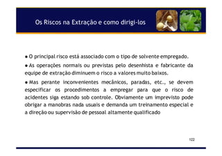 Os Riscos na Extração e como dirigi-los
122
O principal risco está associado com o tipo de solvente empregado.
As operações normais ou previstas pelo desenhista e fabricante da
equipe de extração diminuem o risco a valores muito baixos.
Mas perante inconvenientes mecânicos, paradas, etc., se devem
especificar os procedimentos a empregar para que o risco de
acidentes siga estando sob controle. Obviamente um imprevisto pode
obrigar a manobras nada usuais e demanda um treinamento especial e
a direção ou supervisão de pessoal altamente qualificado
 