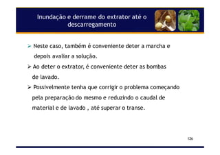 Inundação e derrame do extrator até o
descarregamento
126
Neste caso, também é conveniente deter a marcha e
depois avaliar a solução.
Ao deter o extrator, é conveniente deter as bombas
de lavado.
Possivelmente tenha que corrigir o problema começando
pela preparação do mesmo e reduzindo o caudal de
material e de lavado , até superar o transe.
 