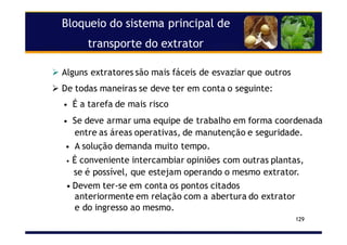 Bloqueio do sistema principal de
transporte do extrator
129
Alguns extratores são mais fáceis de esvaziar que outros
De todas maneiras se deve ter em conta o seguinte:
• É a tarefa de mais risco
• Se deve armar uma equipe de trabalho em forma coordenada
entre as áreas operativas, de manutenção e seguridade.
• A solução demanda muito tempo.
• É conveniente intercambiar opiniões com outras plantas,
se é possível, que estejam operando o mesmo extrator.
• Devem ter-se em conta os pontos citados
anteriormente em relação com a abertura do extrator
e do ingresso ao mesmo.
 