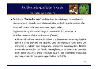Incidência da qualidade física do
material no extrator
130
Definimos “Efeito Parede", ao fato inevitável de que todo solvente
que alcança a parede lateral do extrator se desliza pela mesma não
extraindo o material que se encontra por baixo.
Logicamente quanto mais largo e menos alto é o extrator, a
incidência deste efeito será menor (Crown)
Os espalhadores devem distribuir o solvente em forma equitativa
sobre a área prevista de lavado. Uma distribuição ruim e/ou um
material a extrair mal preparado produzem canalizações. Nestes
casos não se obtém um farelo homogêneo, e se detetarão porções
com baixa matéria graxa residual (0,5 % por exemplo) enquanto
outras excederão qualquer expectativa (até 4 %).
 