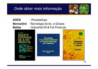 Onde obter mais informação
136
AOCS - Proceedings
Bernardini -Tecnologia de Ac. e Grasas
Bailee - Industrial Oil & Fat Products
 