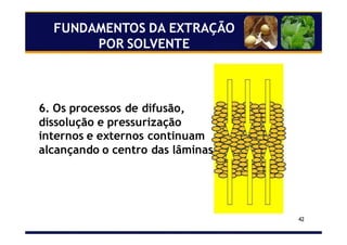 42
6. Os processos de difusão,
dissolução e pressurização
internos e externos continuam
alcançando o centro das lâminas
FUNDAMENTOS DA EXTRAÇÃO
POR SOLVENTE
 