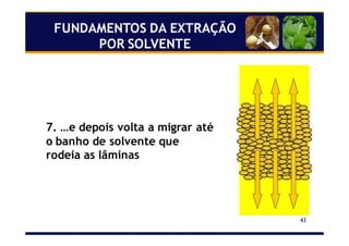 43
7. …e depois volta a migrar até
o banho de solvente que
rodeia as lâminas
FUNDAMENTOS DA EXTRAÇÃO
POR SOLVENTE
 