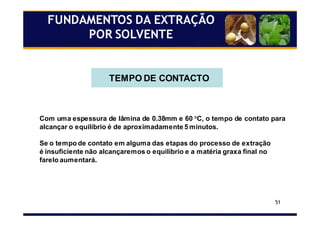 51
FUNDAMENTOS DA EXTRAÇÃO
POR SOLVENTE
TEMPO DE CONTACTO
Com uma espessura de lâmina de 0.38mm e 60 °C, o tempo de contato para
alcançar o equilíbrio é de aproximadamente 5 minutos.
Se o tempo de contato em alguma das etapas do processo de extração
é insuficiente não alcançaremos o equilíbrio e a matéria graxa final no
farelo aumentará.
 