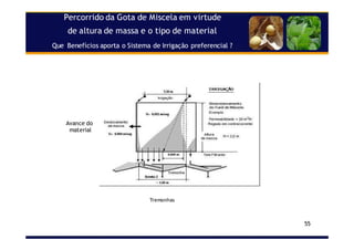 Percorrido da Gota dePercorrido da Gota de MiscelaMiscela em virtudeem virtude
de altura de massa e o tipo de materialde altura de massa e o tipo de material
QueQue Benefícios aporta o Sistema de Irrigação preferencial ?Benefícios aporta o Sistema de Irrigação preferencial ?
55
Avance do
material
Tremonhas
 