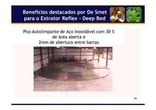 83
Benefícios destacados por De Smet
para o Extrator Reflex – Deep Bed
Piso Autolimpante de Aço Inoxidável com 30 %
de área aberta e
2mm de abertura entre barras
 