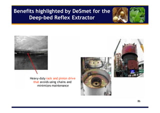 86
Benefits highlighted by DeSmet for the
Deep-bed Reflex Extractor
Heavy-duty rack and pinion drive
that avoids using chains and
minimizes maintenance
 