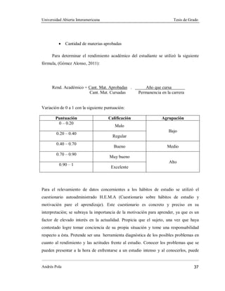 Universidad Abierta Interamericana Tesis de Grado
Andrés Pola 37
· Cantidad de materias aprobadas
Para determinar el rendimiento académico del estudiante se utilizó la siguiente
fórmula, (Gómez Alonso, 2011):
Rend. Académico = Cant. Mat. Aprobadas . Año que cursa
Cant. Mat. Cursadas Permanencia en la carrera
Variación de 0 a 1 con la siguiente puntuación:
Puntuación Calificación Agrupación
0 – 0.20
Malo
Bajo
0.20 – 0.40
Regular
0.40 – 0.70
Bueno Medio
0.70 – 0.90
Muy bueno
Alto
0.90 – 1
Excelente
Para el relevamiento de datos concernientes a los hábitos de estudio se utilizó el
cuestionario autoadministrado H.E.M.A (Cuestionario sobre hábitos de estudio y
motivación pare el aprendizaje). Este cuestionario es concreto y preciso en su
interpretación; se subraya la importancia de la motivación para aprender, ya que es un
factor de elevado interés en la actualidad. Propicia que el sujeto, una vez que haya
contestado logre tomar conciencia de su propia situación y tome una responsabilidad
respecto a ésta. Pretende ser una herramienta diagnóstica de los posibles problemas en
cuanto al rendimiento y las actitudes frente al estudio. Conocer los problemas que se
pueden presentar a la hora de enfrentarse a un estudio intenso y al conocerlos, puede
 