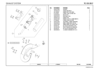 X ON DEMAND* NEW PARTC175040510
CHASSIS # 1111
POS PARTNUMBER PARTNAME PIECE
1 50405079000 SILENCER 1
2 78105081010 SCREW TORX M5X10 4
3 0011480800 DUMMY RIVET 4,8X 8 NIRO 4
4 0770740015 O-RING 74,00X1,50 FKM 75SH 1
5 50305083260 END CAP CPL. 1
6 50405078220 ROCK WOOL 220G 1
7 50405007100 EXHAUST PIPE 1
8 54605057000 RUBBER SLEEVE D=21MM/23MM '93 1
9 0770380030 O-RING 38,00X3,00 VITON 2
10 50305016000 TEN.SPRING L=62MM EY.MOVEABLE 2
11 54603048100 RANGE CHANGE METAL NUT M6 2
12 50305012000 SWINGELEMENT FOR EXHAUST PIPE 2
14 0024060156 HH COLLAR SCREW M6X15 TX30 4
15 50233041000 PAIR OF WASHERS M 6 NORDLOCK 2
16 0025060356 HH COLLAR SCREW M6X35 TX30 2
99 00050000810 % EXHAUST HARDWARE KIT 05-15 x
165040510
TTCC 112255 22001177EXHAUST SYSTEM
 