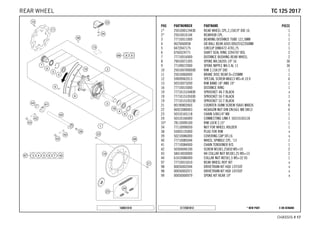 X ON DEMAND* NEW PARTC172501012
CHASSIS # 1177
POS PARTNUMBER PARTNAME PIECE
1* 2501000124430 REAR WHEEL CPL.2,15X19" DID 16 1
2* 25010010144 REARHUB CPL. 1
3 77710011000 BEARING DISTANCE TUBE 121,5MM 1
4 0625060058 GR.BALL BEAR.6005 DDU2CG23S6NM 2
5 0472047175 CIRCLIP DIN0472-47X1,75 1
6 0760324771 SHAFT SEAL RING 32X47X7 BSL 2
7 77710016000 DISTANCE BUSHING REAR WHEEL 2
8 79010071205 SPOKE M4,5X205-19" 16 36
9 77109072000 SPOKE NIPPLE M4,5 AL 11 36
10 2501007000030 RIM 2,15X19" DID 1
11 25010060000 BRAKE DISC REAR D=220MM 1
12 59009062013 SPECIAL SCREW M6X13 WS=8 10.9 6
13 50310073200 RIM BAND 18" AND 19" 1
16 77710015000 DISTANCE RING 1
19 7771015104830 SPROCKET 48-T BLACK x
19 7771015105030 SPROCKET 50-T BLACK 1
19 7771015105230 SPROCKET 52-T BLACK x
21 0019080266S COUNTER-SUNK SCREW ISA45 M8X26 6
22 06923080003 HEXAGON NUT DIN EN1661 M8 SW13 6
23 50310165118 CHAIN 5/8X1/4" MX 1
24 50310166000 CONNECTING LINK F. 50310165118 1
33* 78110090100 RIM LOCK 2,15" 1
34 77110090050 NUT FOR WHEEL HOLDER 1
38 55003135000 PLUG FOR RIM x
39 50210086000 COVERING CAP SFL16 x
40 77710085044 WHEEL SPINDLE CPL. '13 1
41 77710084000 CHAIN TENSIONER R/S 1
42 50304040100 SCREW M10X1,25X50 WS=10 2
43 58414030000 HH COLLAR NUT M10X1,25 WS=13 2
44 61010086000 COLLAR NUT M25X1,5 WS=32 05 1
97 77710015010 REAR WHEEL REP. KIT x
98 00050002044 DRIVETRAIN KIT HQV 13T/50T x
98 00050002071 DRIVETRAIN KIT HQV 14T/50T x
99 00050000979 SPOKE KIT REAR 19" x
168031010
TTCC 112255 22001177REAR WHEEL
 