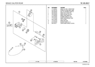 X ON DEMAND* NEW PARTC175041390
CHASSIS # 2211
POS PARTNUMBER PARTNAME PIECE
1 77713080001 BRAKE CAL. REAR - WITHOUT PADS 1
2 50313081200 REPAIR KIT SEALING RINGS 26MM 1
3 54813082000 BOLT SET FOR BRAKE CALIPER 03 1
4 54813090300 BRAKE PAD SET REAR TOYO x
4* 79013090000 BRAKE PAD REAR TOYO B204 1
5 77713083000 BRAKE PISTON 26MM 2013 1
6 54813018000 RETAINING SPRING SET 2003 1
7 77713075000 BRAKE CALIPER BRACKET REAR 1
8 54613218000 CUP SET SHORT 1
10 77213070100 BRAKE HOSE REAR 1
11 62513020000 BLEEDER SCREW CPL. 05 1
12 0603100141 COPPER GASKET DIN7603-10X14X1 2
117711390
TTCC 112255 22001177BRAKE CALIPER REAR
 