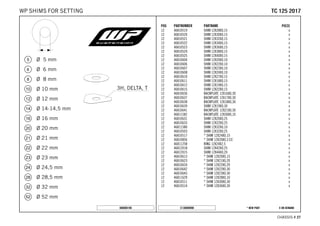 X ON DEMAND* NEW PARTC130009090
CHASSIS # 2277
POS PARTNUMBER PARTNAME PIECE
12 46810519 SHIM 12X28X0,15 x
12 46810520 SHIM 12X30X0,15 x
12 46810521 SHIM 12X32X0,15 x
12 46810522 SHIM 12X34X0,15 x
12 46810523 SHIM 12X36X0,15 x
12 46810524 SHIM 12X38X0,15 x
12 46810525 SHIM 12X40X0,15 x
12 46810604 SHIM 12X20X0,10 x
12 46810606 SHIM 12X22X0,10 x
12 46810607 SHIM 12X23X0,10 x
12 46810608 SHIM 12X24X0,10 x
12 46810610 SHIM 12X27X0,15 x
12 46810611 SHIM 12X18X0,15 x
12 46810612 SHIM 12X19X0,15 x
12 46810615 SHIM 12X22X0,15 x
12 46810636 BACKPLATE 12X16X0,30 x
12 46810637 BACKPLATE 12X17X0,30 x
12 46810638 BACKPLATE 12X18X0,30 x
12 46810639 SHIM 12X19X0,30 x
12 46810641 BACKPLATE 12X21X0,30 x
12 46811582 BACKPLATE 12X30X0,10 x
12 46810631 SHIM 12X20X0,25 x
12 46810633 SHIM 12X22X0,25 x
12 46811580 SHIM 12X32X0,10 x
12 46810503 SHIM 12X32X0,25 x
12 46810517 * SHIM 12X24X0,15 x
12 46810856 * SHIM 12X20X0,3 CC x
12 46811258 RING 12X24X2,5 x
12 46812018 SHIM 12X42X0,25 x
12 46812015 SHIM 12X44X0,20 x
12 46810613 * SHIM 12X20X0,15 x
12 46810623 * SHIM 12X21X0,20 x
12 46810624 * SHIM 12X22X0,20 x
12 46810642 * SHIM 12X22X0,30 x
12 46810643 * SHIM 12X23X0,30 x
12 46811629 * SHIM 12X28X0,10 x
12 46810511 * SHIM 12X30X0,30 x
12 46810514 * SHIM 12X36X0,30 x
080000190
TTCC 112255 22001177WP SHIMS FOR SETTING
 