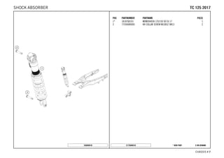 X ON DEMAND* NEW PARTC175040410
CHASSIS # 77
POS PARTNUMBER PARTNAME PIECE
1* 18187Q0101 MONOSHOCK 125/150 SX EU 17 1
2 77204089000 HH COLLAR SCREW M10X52 SW13 2
165040410
TTCC 112255 22001177SHOCK ABSORBER
 