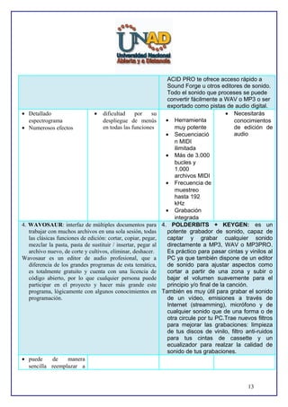 • Detallado
espectrograma
• Numerosos efectos

•

dificultad
por
su
despliegue de menús
en todas las funciones

4. WAVOSAUR: interfaz de múltiples documentos para
trabajar con muchos archivos en una sola sesión, todas
las clásicas funciones de edición: cortar, copiar, pegar,
mezclar la pasta, pasta de sustituir / insertar, pegar al
archivo nuevo, de corte y cultivos, eliminar, deshacer.
Wavosaur es un editor de audio profesional, que a
diferencia de los grandes programas de esta temática,
es totalmente gratuito y cuenta con una licencia de
código abierto, por lo que cualquier persona puede
participar en el proyecto y hacer más grande este
programa, lógicamente con algunos conocimientos en
programación.

ACID PRO te ofrece acceso rápido a
Sound Forge u otros editores de sonido.
Todo el sonido que proceses se puede
convertir fácilmente a WAV o MP3 o ser
exportado como pistas de audio digital.
• Necesitarás
• Herramienta
conocimientos
muy potente
de edición de
audio
• Secuenciació
n MIDI
ilimitada
• Más de 3.000
bucles y
1.000
archivos MIDI
• Frecuencia de
muestreo
hasta 192
kHz
• Grabación
integrada
4. POLDERBITS + KEYGEN: es un
potente grabador de sonido, capaz de
captar y grabar cualquier sonido
directamente a MP3, WAV o MP3PRO.
Es práctico para pasar cintas y vinilos al
PC ya que también dispone de un editor
de sonido para ajustar aspectos como
cortar a partir de una zona y subir o
bajar el volumen suavemente para el
principio y/o final de la canción.
También es muy útil para grabar el sonido
de un vídeo, emisiones a través de
Internet (streamming), micrófono y de
cualquier sonido que de una forma o de
otra circule por tu PC.Trae nuevos filtros
para mejorar las grabaciones: limpieza
de tus discos de vinilo, filtro anti-ruidos
para tus cintas de cassette y un
ecualizador para realzar la calidad de
sonido de tus grabaciones.

• puede
de
manera
sencilla reemplazar a
13

 