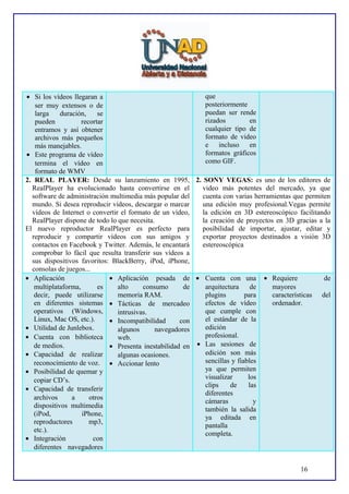 que
• Si los vídeos llegaran a
posteriormente
ser muy extensos o de
puedan ser rende
larga
duración,
se
rizados
en
pueden
recortar
cualquier tipo de
entramos y así obtener
formato de video
archivos más pequeños
e incluso en
más manejables.
formatos gráficos
• Este programa de vídeo
como GIF.
termina el vídeo en
formato de WMV
2. REAL PLAYER: Desde su lanzamiento en 1995, 2. SONY VEGAS: es uno de los editores de
RealPlayer ha evolucionado hasta convertirse en el
video más potentes del mercado, ya que
software de administración multimedia más popular del
cuenta con varias herramientas que permiten
mundo. Si desea reproducir vídeos, descargar o marcar
una edición muy profesional.Vegas permite
vídeos de Internet o convertir el formato de un vídeo,
la edición en 3D estereoscópico facilitando
RealPlayer dispone de todo lo que necesita.
la creación de proyectos en 3D gracias a la
El nuevo reproductor RealPlayer es perfecto para
posibilidad de importar, ajustar, editar y
reproducir y compartir vídeos con sus amigos y
exportar proyectos destinados a visión 3D
contactos en Facebook y Twitter. Además, le encantará
estereoscópica
comprobar lo fácil que resulta transferir sus vídeos a
sus dispositivos favoritos: BlackBerry, iPod, iPhone,
consolas de juegos...
• Aplicación
• Aplicación pesada de • Cuenta con una • Requiere
de
multiplataforma,
es
alto
consumo
de
arquitectura
de
mayores
decir, puede utilizarse
memoria RAM.
plugins
para
características del
en diferentes sistemas • Tácticas de mercadeo
efectos de vídeo
ordenador.
operativos (Windows,
que cumple con
intrusivas.
Linux, Mac OS, etc.).
el estándar de la
• Incompatibilidad
con
edición
• Utilidad de Junlebox.
algunos
navegadores
profesional.
• Cuenta con biblioteca
web.
de medios.
• Presenta inestabilidad en • Las sesiones de
edición son más
• Capacidad de realizar
algunas ocasiones.
sencillas y fiables
reconocimiento de voz. • Accionar lento
ya que permiten
• Posibilidad de quemar y
visualizar
los
copiar CD’s.
clips
de
las
• Capacidad de transferir
diferentes
archivos
a
otros
cámaras
y
dispositivos multimedia
también la salida
(iPod,
iPhone,
ya editada en
reproductores
mp3,
pantalla
etc.).
completa.
• Integración
con
diferentes navegadores
16

 