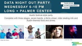 DATA NIGHT OUT PARTY
WEDNESDAY 6-10 PM
LONG + PALMER CENTER
Hold onto your hat and get ready to kick up your heels at the data
community’s party of the year.
This year, Data Night Out is going bigger than ever—Texas big.
Whether you’re listening to killer tunes from our lineup of bands or
nomming your way through food truck central, you’re sure to have a
blast with your fellow data lovers. Kick back on the lawn and chill or
let your inner child go wild at the grown-up playground. No matter
your party style, you’re sure to have a blast at Data Night Out.
 