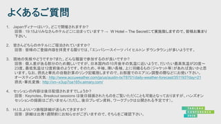 1. Japanディナーはいつ、どこで開催されますか?
回答： 19:15よりみなさんホテルどこに泊まっています？→ W Hotel – The Secretにて実施致しますので、皆様お集まり
下さい。
2. 皆さんどちらのホテルにご宿泊されていますか?
回答： 皆様のご登録内容を拝見する限りでは、「エンバシースイーツ バイ ヒルトン ダウンタウン」が多いようです。
3. 現地の気候やどうですか?また、どんな服装で参加するのが良いですか?
回答： 個人差がある部分のため難しいですが、日本国内の10月後半の気温に近いようで、だいたい最高気温が20度～
23度、最低気温は12度前後のようです。そのため、半袖、薄い長袖、上に羽織るもの（ジャケット等）があれば良いかと思
います。なお、摂氏と華氏の自動計算のリンク記載致しますので、お部屋でのエアコン調整の際などにお使い下さい。
オースティンの天気： http://www.accuweather.com/ja/us/austin-tx/78701/daily-weather-forecast/351193?day=21
摂氏・華氏変換： http://xn--x3up7oa165v.aimary.com/
4. セッションの内容は後日配信されますでしょうか?
回答： Keynotes、Breakout sessions は後日録画されたものをご覧いただくことも可能となっておりますが、ハンズオン
セッションの録画はございません（ただし、後日プレゼン資料、ワークブックは公開される予定です）。
5. H.I.S.よりいつ旅程詳細が送られてきますか?
回答： 詳細は出発1週間前にお知らせがございますので、そちらをご確認下さい。
 