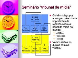 Seminário “tribunal de mídia” Os três subgrupos abrangem três pontos importantes da reflexão sobre o papel da mídia no mundo: Estético Filosófico Político Vamos definir as duplas com os vieses? Defesa  da mídia Viés  filosófico Viés  estético Viés  político Crítica da mídia Viés  filosófico Viés  estético Viés  político 