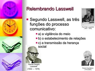 Relembrando Lasswell Segundo Lasswell, as três funções do processo comunicativo: a) a vigilância do meio b) o estabelecimento de relações c) a transmissão da herança  social Harold Dwight Lasswell  (1902 — 1978)   Paul Felix Lazarsfeld (1901 - 1976) Robert King Merton (1910-2003) 