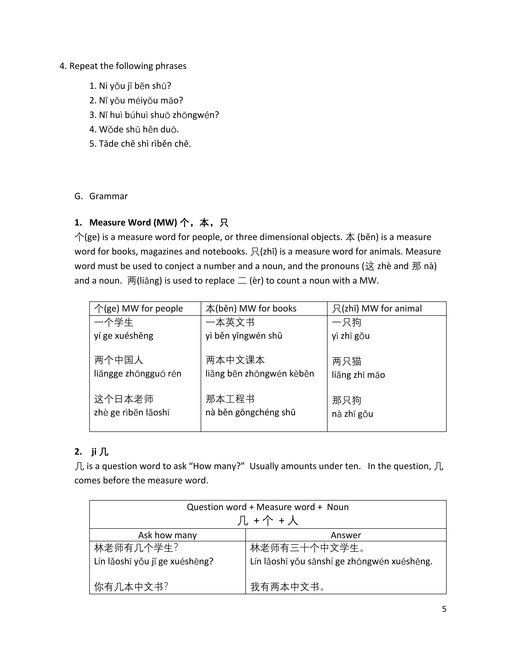 5
4. Repeat the following phrases
1. Ni yǒu jǐ běn shū?
2. Nǐ yǒu méiyǒu māo?
3. Nǐ huì búhuì shuō zhōngwén?
4. Wǒde shū hěn duō.
5. Tāde chē shì rìběn chē.
G. Grammar
1. Measure Word (MW) 个，本，只
个(ge) is a measure word for people, or three dimensional objects. 本 (běn) is a measure
word for books, magazines and notebooks. 只(zhī) is a measure word for animals. Measure
word must be used to conject a number and a noun, and the pronouns (这 zhè and 那 nà)
and a noun. 两(liǎng) is used to replace 二 (èr) to count a noun with a MW.
个(ge) MW for people 本(běn) MW for books 只(zhī) MW for animal
一个学生
yí ge xuéshēng
两个中国人
liǎngge zhōngguó rén
这个日本老师
zhè ge rìběn lǎoshī
一本英文书
yì běn yīngwén shū
两本中文课本
liǎng běn zhōngwén kèběn
那本工程书
nà běn gōngchéng shū
一只狗
yì zhī gǒu
两只猫
liǎng zhī māo
那只狗
nà zhī gǒu
2. ji 几
几 is a question word to ask “How many?” Usually amounts under ten. In the question, 几
comes before the measure word.
Question word + Measure word + Noun
几 + 个 + 人
Ask how many Answer
林老师有几个学生？
Lín lǎoshī yǒu jǐ ge xuéshēng?
你有几本中文书？
林老师有三十个中文学生。
Lín lǎoshī yǒu sānshí ge zhōngwén xuéshēng.
我有两本中文书。
 