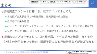 まとめ
44
つくばチャレンジ2019シンポジウム 2020-01-11
技術調査アンケートに基づき、以下についてまとめた
 本走行／全実験走行での到達距離、選択課題の成功回数
 自律走行の失敗原因
 ハードウェア（プラットフォーム、モータ、コンピュータ、センサの分類など）
 ソフトウェア（OS、ミドルウェア、利用ソフト、手法の概要など）
挑戦的なアプローチとして、3次元地図、トポロジカル地図、カメラや
GNSS の活用とセンサ統合、深層学習による行動計画などが挙げられる
歴代記録 チーム、達成度 ハードウェア ソフトウェア
 