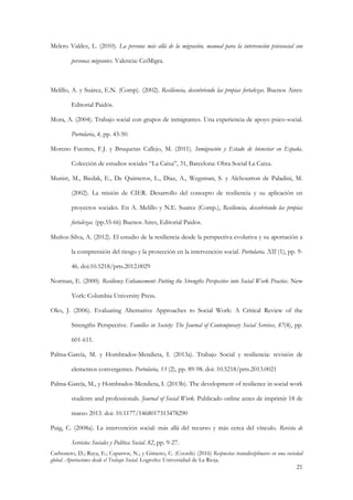 Carbonero, D.; Raya, E.; Caparros, N.; y Gimeno, C. (Coords) (2016) Respuestas transdisciplinares en una sociedad
global. Aportaciones desde el Trabajo Social. Logroño: Universidad de La Rioja.
21
Melero Valdez, L. (2010). La persona más allá de la migración, manual para la intervención psicosocial con
personas migrantes. Valencia: CeiMigra.
Melillo, A. y Suárez, E.N. (Comp). (2002). Resiliencia, descubriendo las propias fortalezas. Buenos Aires:
Editorial Paidós.
Mora, A. (2004). Trabajo social con grupos de inmigrantes. Una experiencia de apoyo psico-social.
Portularia, 4, pp. 43-50.
Moreno Fuentes, F.J. y Bruquetas Callejo, M. (2011). Inmigración y Estado de bienestar en España.
Colección de estudios sociales “La Caixa”, 31, Barcelona: Obra Social La Caixa.
Munist, M., Biedak, E., De Quinteros, L., Diaz, A., Wegsman, S. y Alchourron de Paladini, M.
(2002). La misión de CIER. Desarrollo del concepto de resiliencia y su aplicación en
proyectos sociales. En A. Melillo y N.E. Suarez (Comp.), Resiliencia, descubriendo las propias
fortalezas. (pp.55-66) Buenos Aires, Editorial Paidos.
Muñoz-Silva, A. (2012). El estudio de la resiliencia desde la perspectiva evolutiva y su aportación a
la comprensión del riesgo y la protección en la intervención social. Portularia. XII (1), pp. 9-
46. doi:10.5218/prts.2012.0029
Norman, E. (2000). Resiliency Enhancement: Putting the Strengths Perspective into Social Work Practice. New
York: Columbia University Press.
Oko, J. (2006). Evaluating Alternative Approaches to Social Work: A Critical Review of the
Strengths Perspective. Families in Society: The Journal of Contemporary Social Services, 87(4), pp.
601-611.
Palma-García, M. y Hombrados-Mendieta, I. (2013a). Trabajo Social y resiliencia: revisión de
elementos convergentes. Portularia, 13 (2), pp. 89-98. doi: 10.5218/prts.2013.0021
Palma-García, M., y Hombrados-Mendieta, I. (2013b). The development of resilience in social work
students and professionals. Journal of Social Work. Publicado online antes de imprimir 18 de
marzo 2013. doi: 10.1177/1468017313478290
Puig, C. (2008a). La intervención social: más allá del recurso y más cerca del vínculo. Revista de
Servicios Sociales y Política Social. 82, pp. 9-27.
 