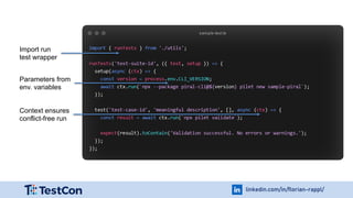 linkedin.com/in/florian-rappl/
Import run
test wrapper
Parameters from
env. variables
Context ensures
conflict-free run
 