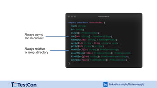 linkedin.com/in/florian-rappl/
Always async
and in context
Always relative
to temp. directory
 