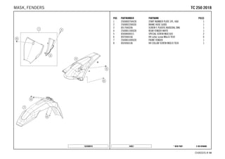 X ON DEMAND* NEW PART44851
CHASSIS # 1144
POS PARTNUMBER PARTNAME PIECE
1 2500800704428 START NUMBER PLATE CPL. HQV 1
2 2500802200030 BRAKE HOSE GUIDE 1
3 0017060206 SCREW F. PLASTIC K60X20AL SW6 1
4 2500801300028 REAR FENDER WHITE 1
5 83008000015 SPECIAL SCREW M6X15X3 2
6 0025060166 HH collar screw M6x16 TX30 6
7 2500801000028 FRONT FENDER 1
8 0024060106 HH COLLAR SCREW M6X10 TX30 1
162500810
TTCC 225500 22001188MASK, FENDERS
 
