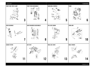 CHASSIS # 11
FRONT FORK, TRIPLE CLAMP
3
FRONT FORK DISASSEMBLED
4
HANDLEBAR, CONTROLS
5
FRAME
6
SHOCK ABSORBER
7
SHOCK ABSORBER DISASSEMBLED
8
PRO LEVER LINKING
9
SWING ARM
10
EXHAUST SYSTEM
11
AIR FILTER
12
TANK, SEAT, COVER
13
MASK, FENDERS
14
TTCC 225500 22001188CONTENT
 