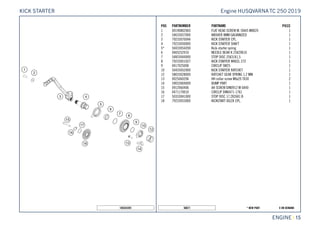 X ON DEMAND* NEW PART50671
ENGINE || 15
POS PARTNUMBER PARTNAME PIECE
1 0019080206S FLAT HEAD SCREW M. ISA45 M8X20 1
2 54633037000 WASHER 8MM GALVANIZED 1
3 79233070044 KICK STARTER CPL. 1
4 79233050000 KICK STARTER SHAFT 1
5* 50433054200 Kick-starter spring 1
6 0405252910 NEEDLE BEAR K 25X29X10 1
7 54833044000 STOP DISC 25X31X1,5 1
8 79233051027 KICK STARTER WHEEL 27Z 1
9 0417025000 CIRCLIP SW25 1
10 50433052000 KICK STARTER RATCHET 1
12 58033028000 RATCHET GEAR SPRING 1,2 MM 1
13 0025060206 HH collar screw M6x20 TX30 2
14 59033069000 BUMP PART 1
15 0912060406 AH SCREW DIN0912 M 6X40 1
16 0471170010 CIRCLIP DIN0471-17X1 1
17 50333041000 STOP DISC 17,2X26X1 B 1
18 79233053000 KICKSTART IDLER CPL. 1
185543391
Engine HUSQVARNATC 250 2019KICK STARTER
 