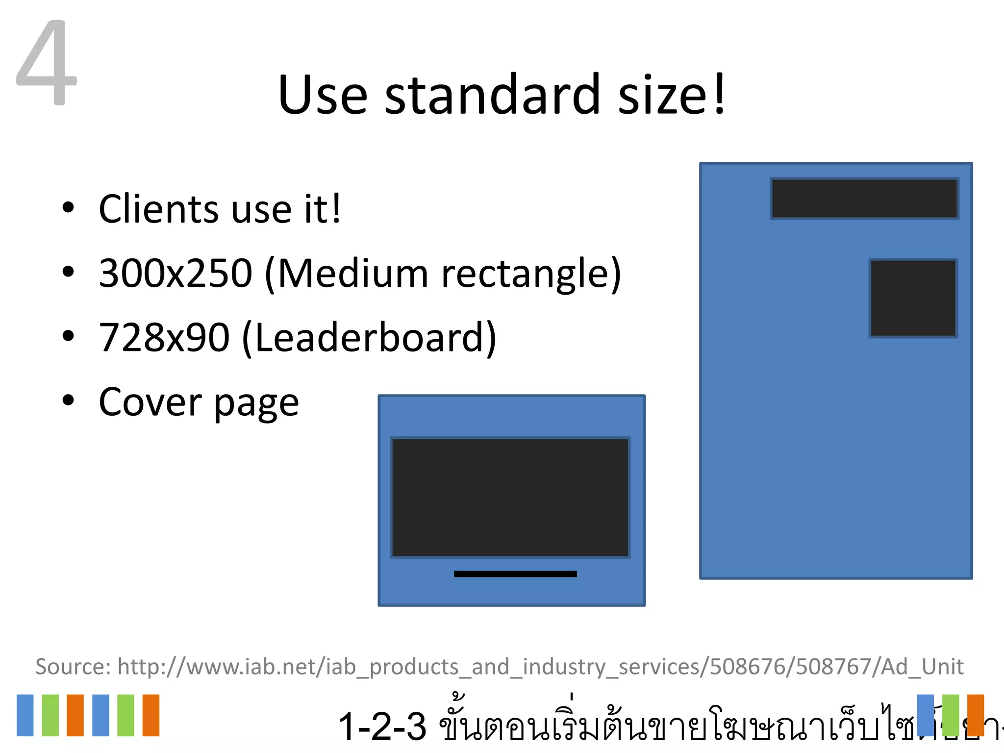 4                    Use standard size!
  •   Clients use it!
  •   300x250 (Medium rectangle)
  •   728x90 (Leaderboard)
  •   Cover page




Source: http://www.iab.net/iab_products_and_industry_services/508676/508767/Ad_Unit

                          1-2-3 ขันตอนเริ่ มต้ นขายโฆษณาเว็บไซต์อย่าง
                                  ้
 