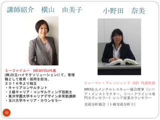10
講師紹介 横山 由美子
ミーファイユー MEΦYOU代表
(株)日立ハイテクソリューションにて、管理
職として教育・採用を担当、
２０１６年より独立
・キャリアコンサルタント
・２級キャリア・コンサルティング技能士
・東洋学園大学キャリアデザイン非常勤講師
・玉川大学キャリア・カウンセラー
小野田 奈美
ヒューマン・クレッシェンド（同）代表社員
NPO法人メンタルレスキュー協会理事（シニ
ア・インストラクター、うつ・クライシス専
門カウンセラー）シニア産業カウンセラー
交流分析協会（１級交流分析士）
 