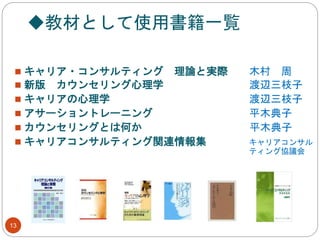 ◆教材として使用書籍一覧
13
 キャリア・コンサルティング 理論と実際 木村 周
 新版 カウンセリング心理学 渡辺三枝子
 キャリアの心理学 渡辺三枝子
 アサーショントレーニング 平木典子
 カウンセリングとは何か 平木典子
 キャリアコンサルティング関連情報集 キャリアコンサル
ティング協議会
 