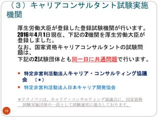 （３）キャリアコンサルタント試験実施
機関
19
厚生労働大臣が登録した登録試験機関が行います。
2016年4月1日現在、下記の2機関を厚生労働大臣が
登録しました。
なお、国家資格キャリアコンサルタントの試験問
題は、
下記の2試験団体とも同一日に共通問題で行います。
 特定非営利活動法人キャリア・コンサルティング協議
会 （＊）
 特定非営利活動法人日本キャリア開発協会
＊テクノファは、キャリア・コンサルティング協議会に、国家資格
試験実施団体の一員として試験運営に協力しております。
 